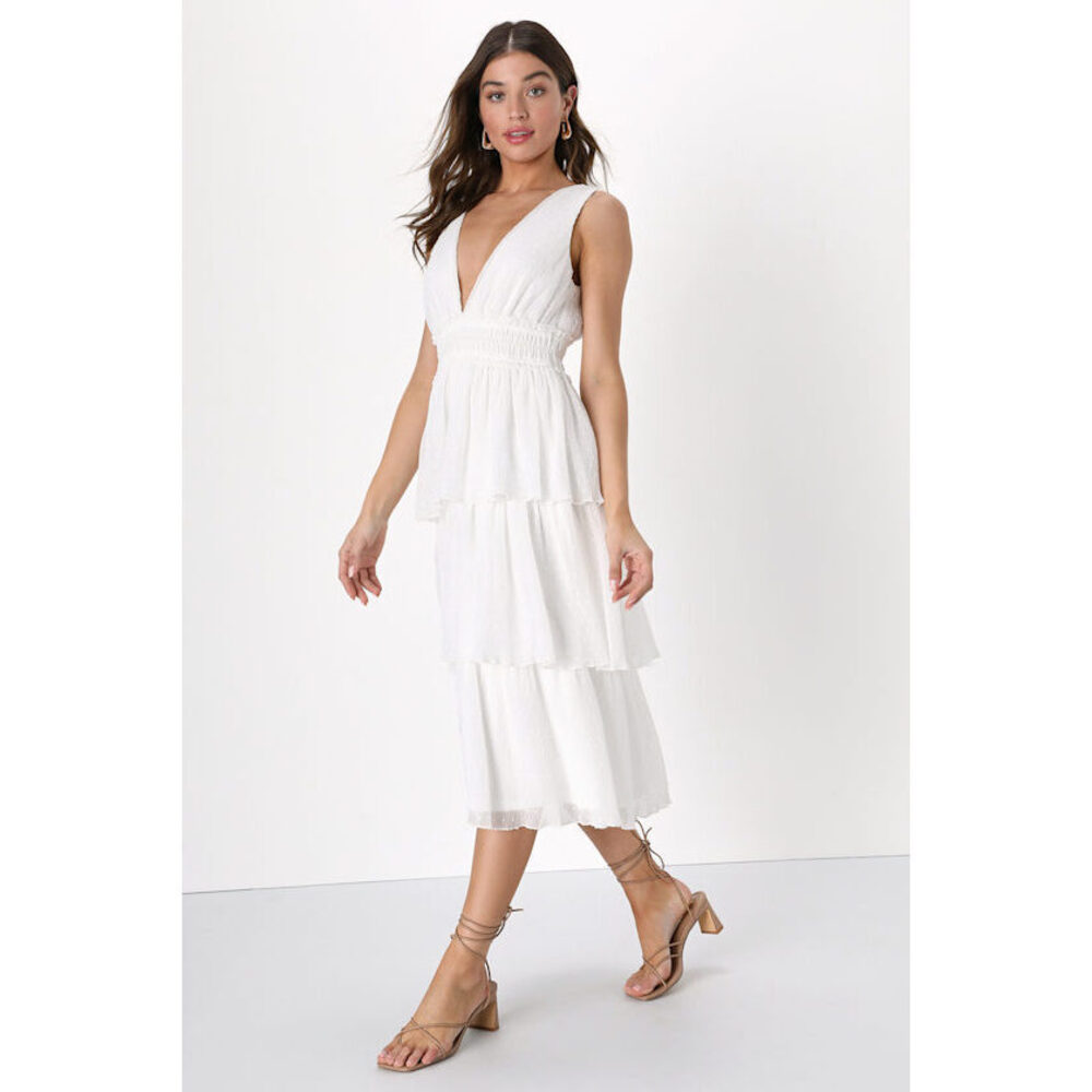 Lulus Dreamy Mood White Textured Swiss Dot Tiered Midi Dress - Size S